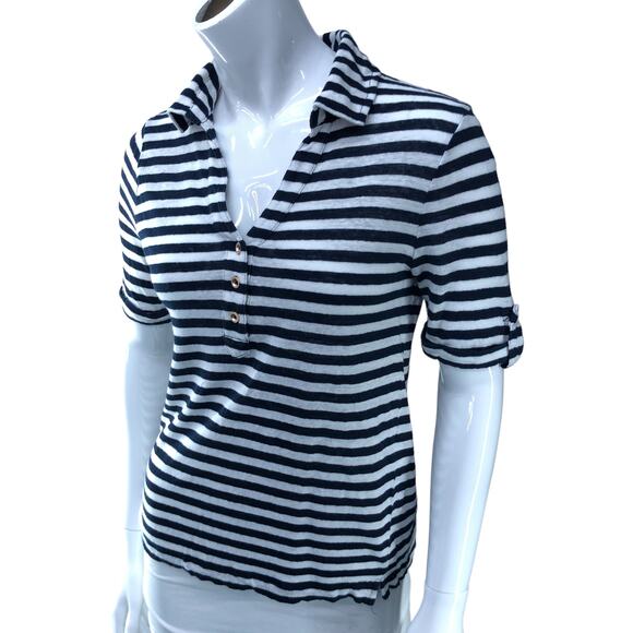 Chicos Womens Size 0 US 4 Small Polo Shirt Blue White Stripe Nautical 100% Linen - Picture 1 of 16